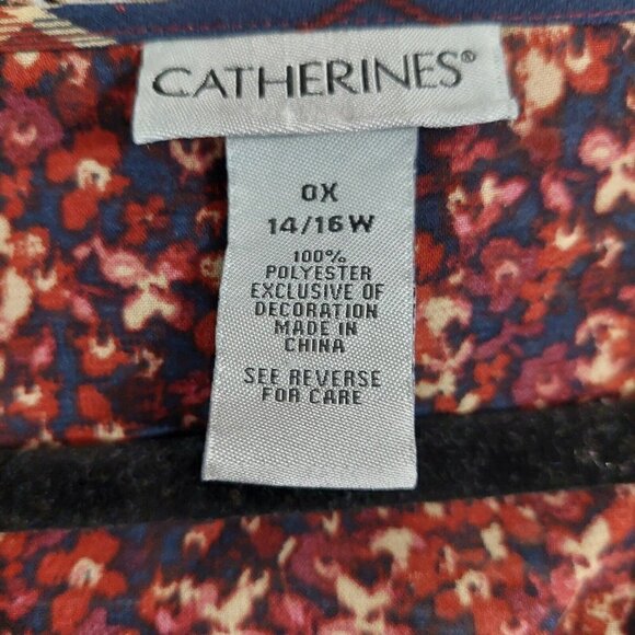 Catherines Women's Plaid Print Georgette Peasant Red Blue Blouse Top Plus Sz OX - Picture 7 of 8